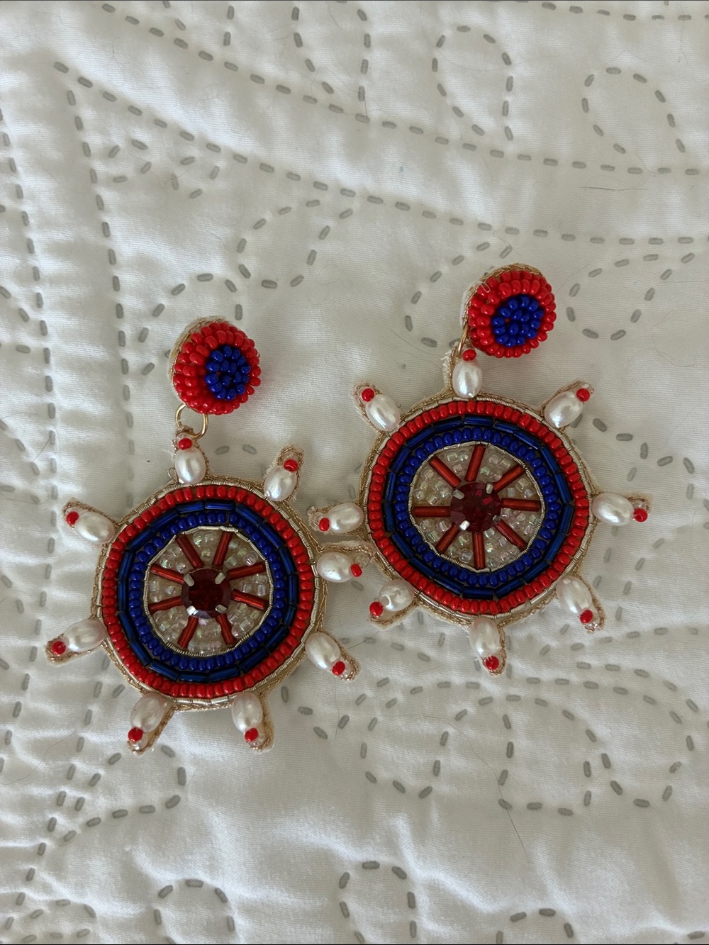 Handcrafted Red & Blue Beaded Nautical Earrings